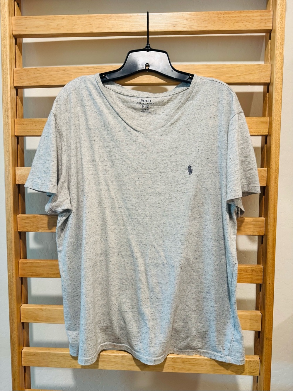 Polo by Ralph Lauren Heather Light Gray V-Neck Tee with Navy Pony - Large